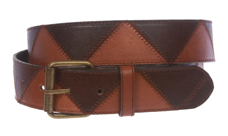 Snap On Stitching Edged Brass Buckle Two Tone Brown Genuine Leather Belt