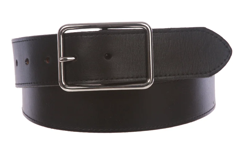 Snap On Cowhide Full Grain Stitching-Edged Leather Belt with Rectangular Buckle