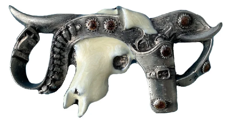 Steer Skull Six Shooter Belt Buckle