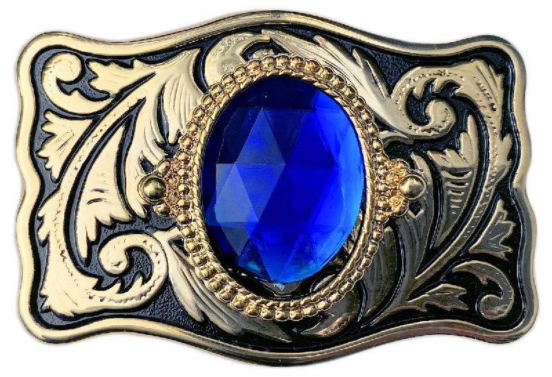 Western Belt Buckle Gold Black Blue Stone Cabochon