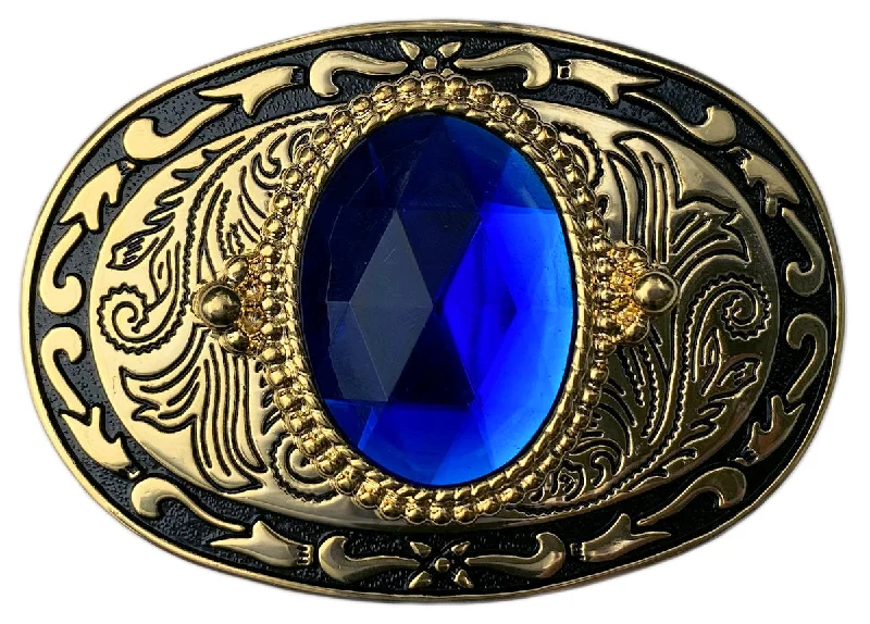 Western Belt Buckle Gold Blue Stone Cabochon