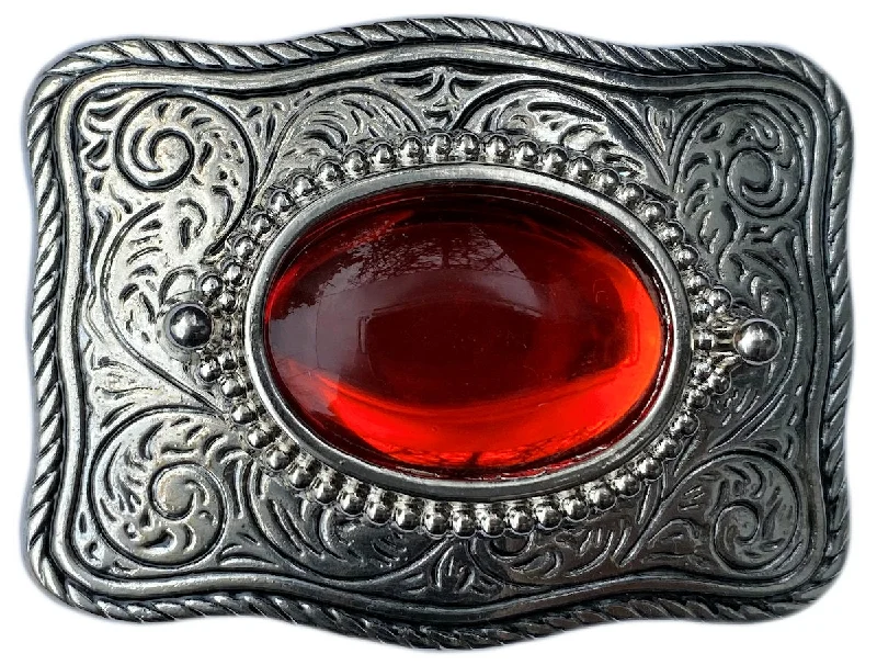 Western Belt Buckle Silver Rectangle Red Stone Cabochon