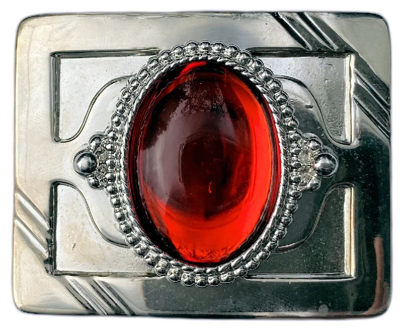 Western Belt Buckle Silver Red Stone Cabochon