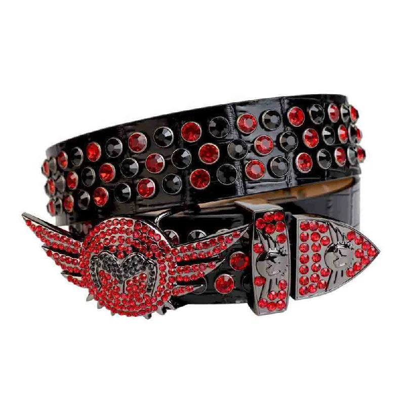 Angel Wing Buckle Black Strap With Black & Red Studded Rhinestone Belt