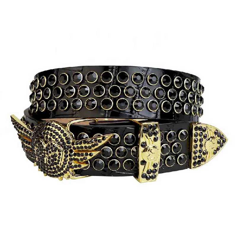 Black Strap With Black Studded Rhinestone Belt with Gold Wings Shaped Black Buckle