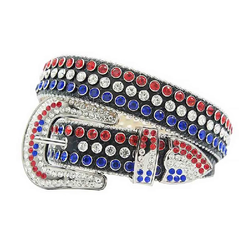 Black Strap With Blue, Red & White Studded Rhinestone Belt