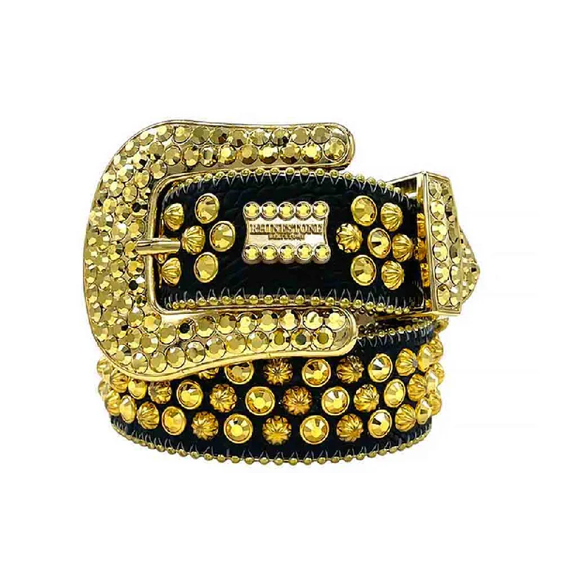 Black Strap With Gold Studded BB Rhinestone Belt