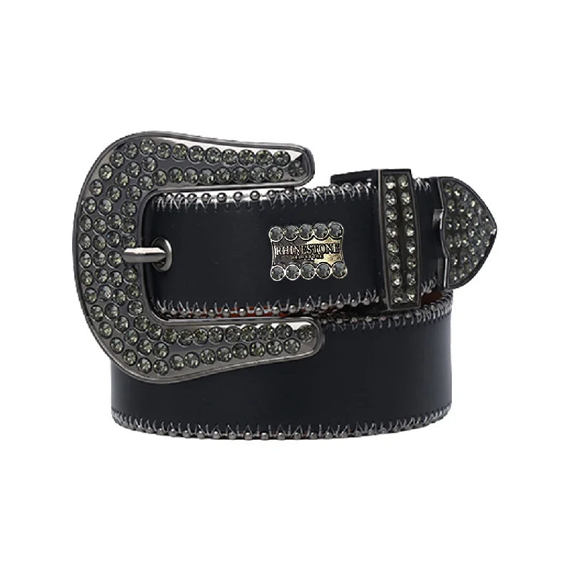 Black Strap With Grey Stone & Rhinestone Logo Belt