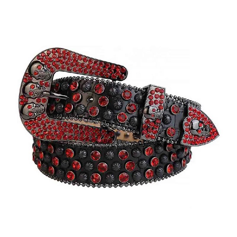 Black Strap With Red Studded Rhinestone Belt with 3 Skulls Black Red Buckle