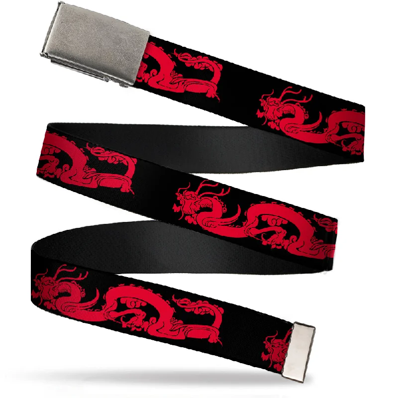 Chrome Buckle Web Belt - Mulan Dragon Icon Black/Red Webbing