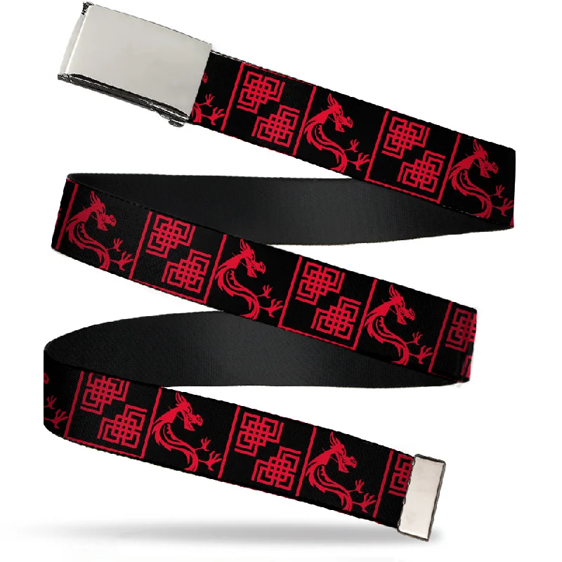 Chrome Buckle Web Belt - Mulan Mushu/Lattice Pattern Black/Red Webbing