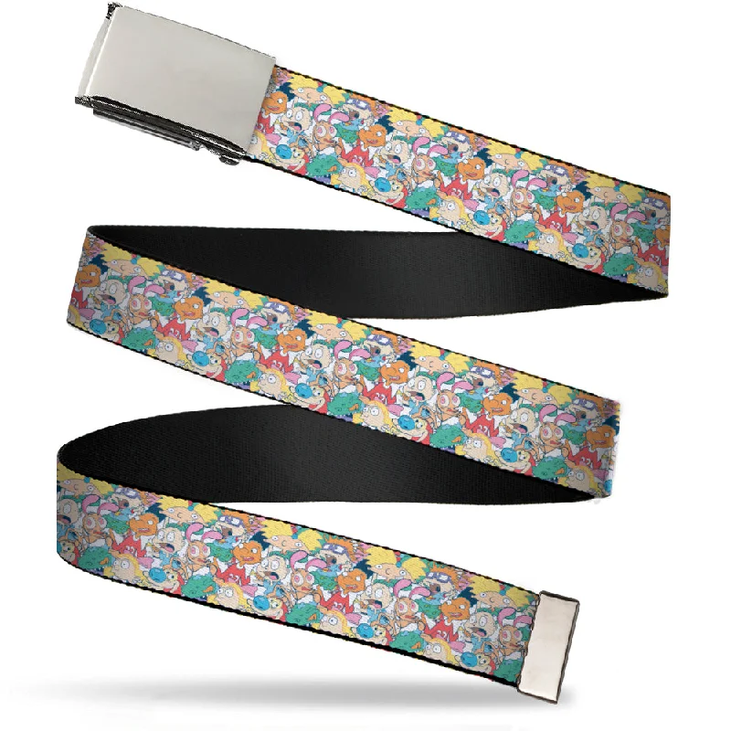 Chrome Buckle Web Belt - Nick 90's Rewind 8-Character Mash Up Collage White Webbing