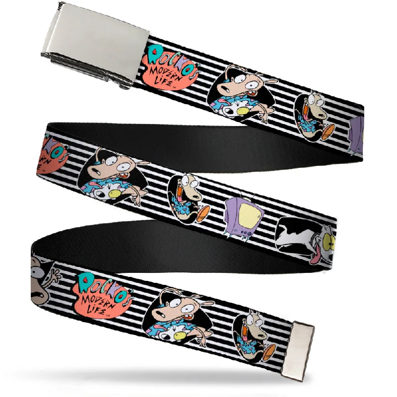 Chrome Buckle Web Belt - ROCKO'S MODERN LIFE Rocko & Spunky Poses/TV Stripe Black/White Webbing