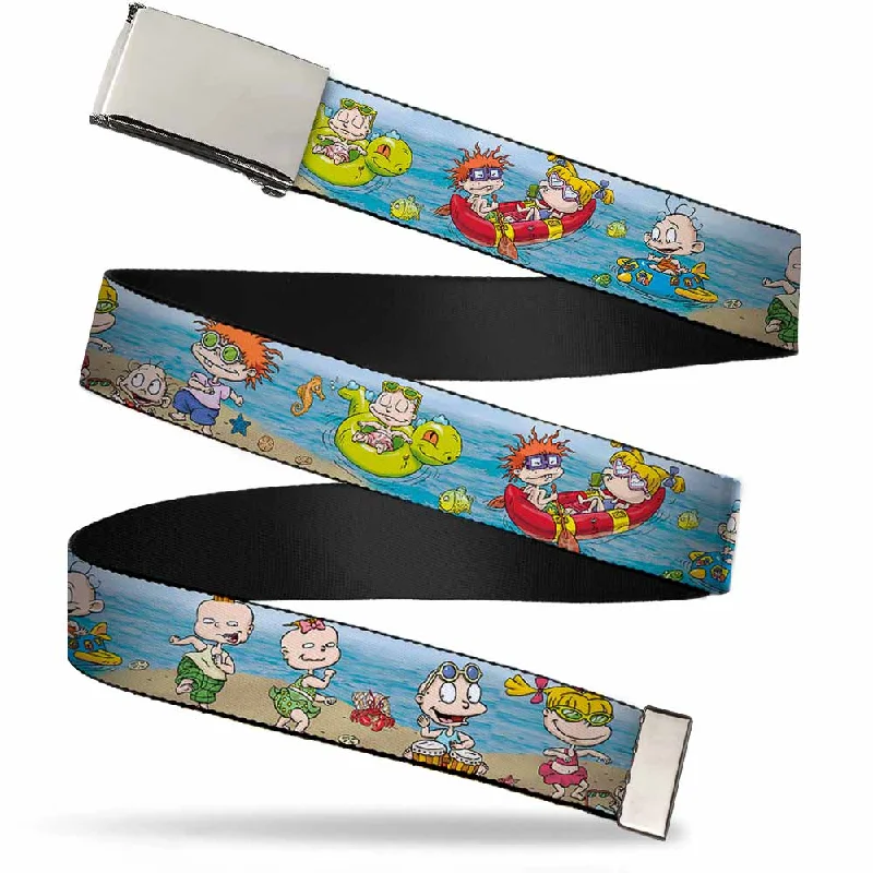 Chrome Buckle Web Belt - Rugrats Beach Play Scene Webbing