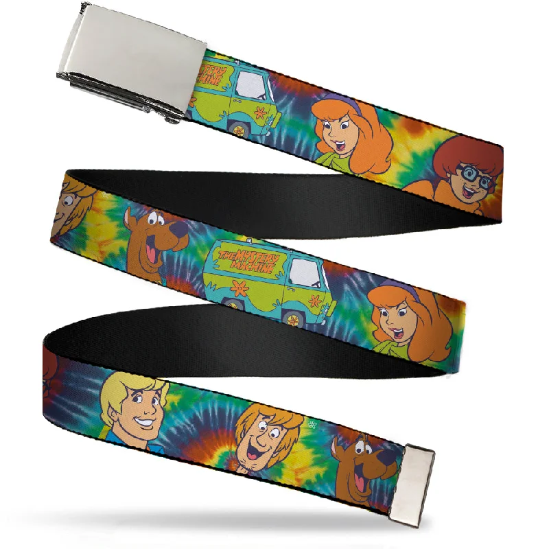 Chrome Buckle Web Belt - Scooby Doo 5-Character Faces Tie Dye Multi Color/White Webbing