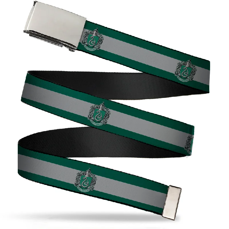 Chrome Buckle Web Belt - SLYTHERIN Crest/Stripe11 Green/Gray Webbing