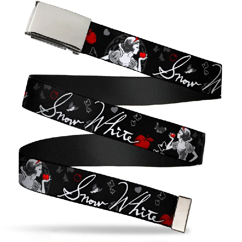 Chrome Buckle Web Belt - SNOW WHITE Apple Poses/Butterflies Black/Gray/Red Webbing