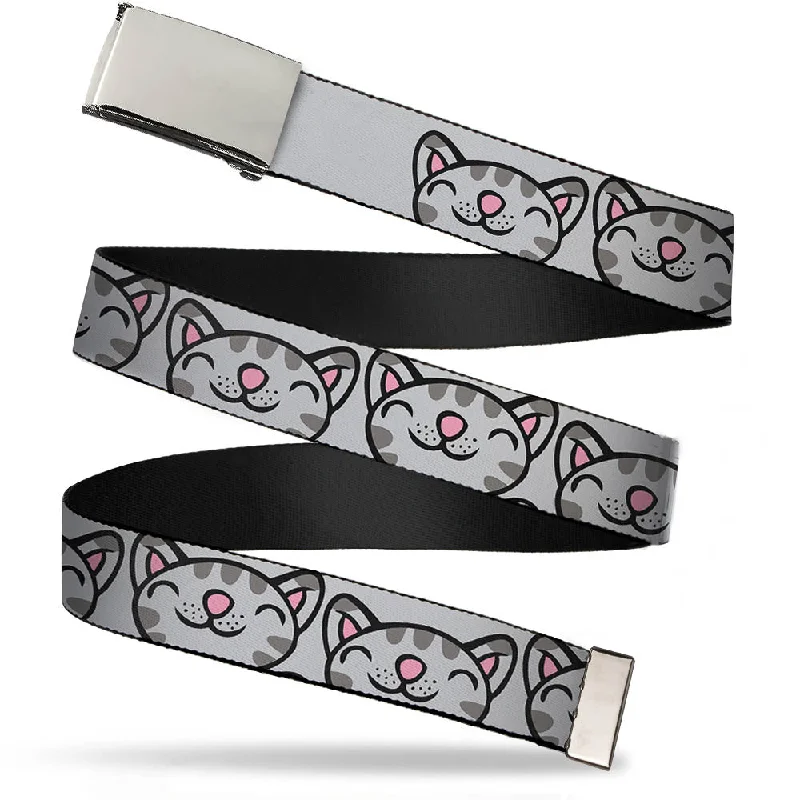 Chrome Buckle Web Belt - Soft Kitty Face CLOSE-UP Gray Webbing