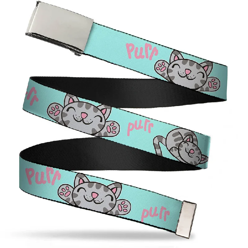 Chrome Buckle Web Belt - Soft Kitty Poses Pale Turquoise/Pink Webbing