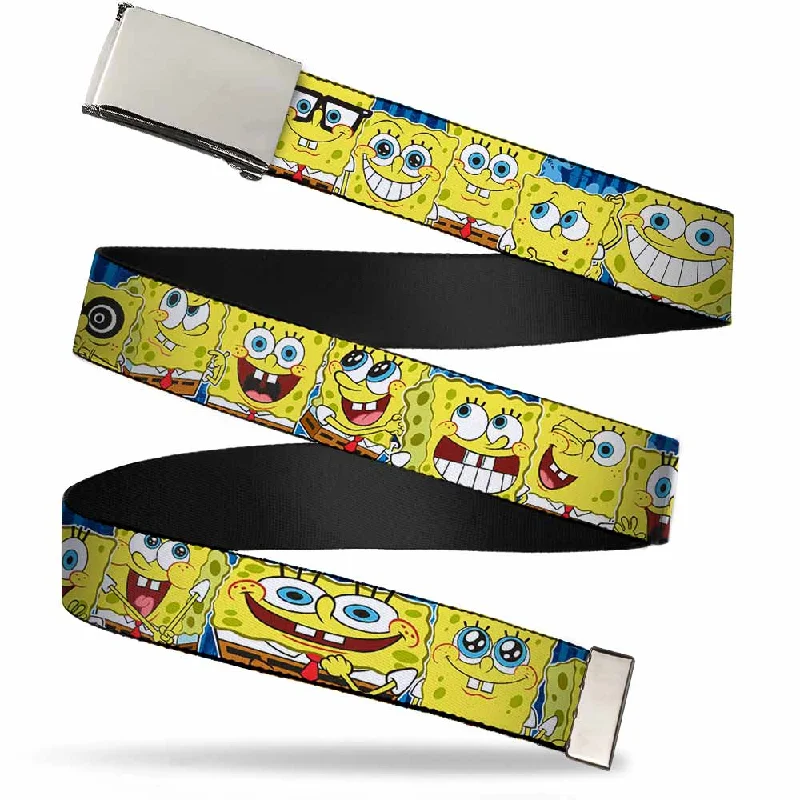 Chrome Buckle Web Belt - SpongeBob Expressions Stripe Blue Webbing