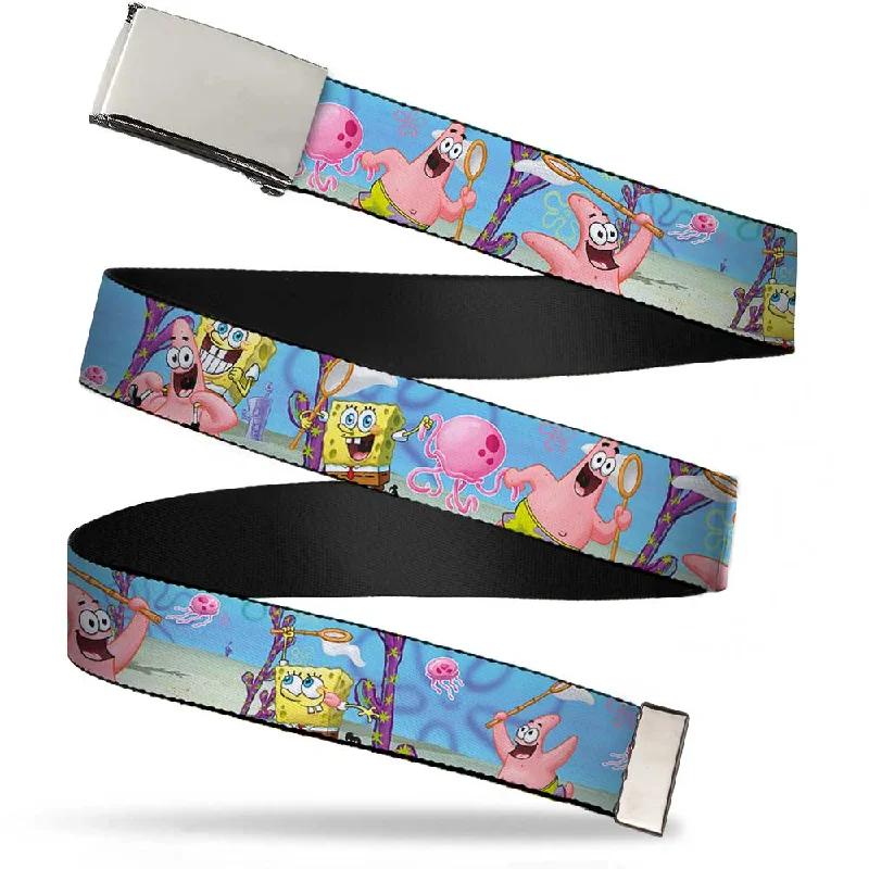 Chrome Buckle Web Belt - SpongeBob & Patrick Starfish Jellyfishing Scenes Webbing