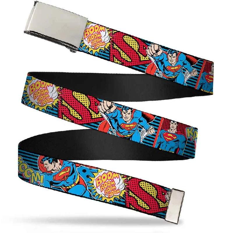 Chrome Buckle Web Belt - Superman Logo/Poses/Action Bubbles Pop Collage Blue/Black Webbing