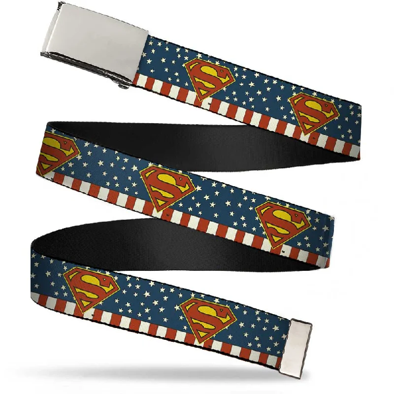 Chrome Buckle Web Belt - Superman Shield Americana Red/White/Blue/Yellow Webbing