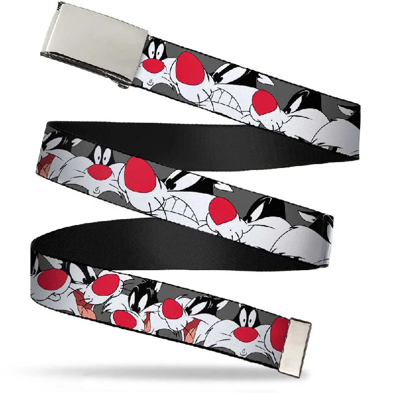 Chrome Buckle Web Belt - Sylvester the Cat Expressions Gray Webbing