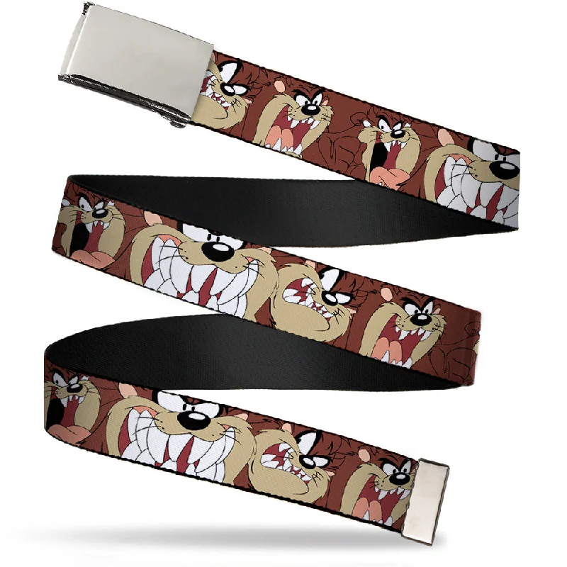 Chrome Buckle Web Belt - Tasmanian Devil Expressions Brown Webbing