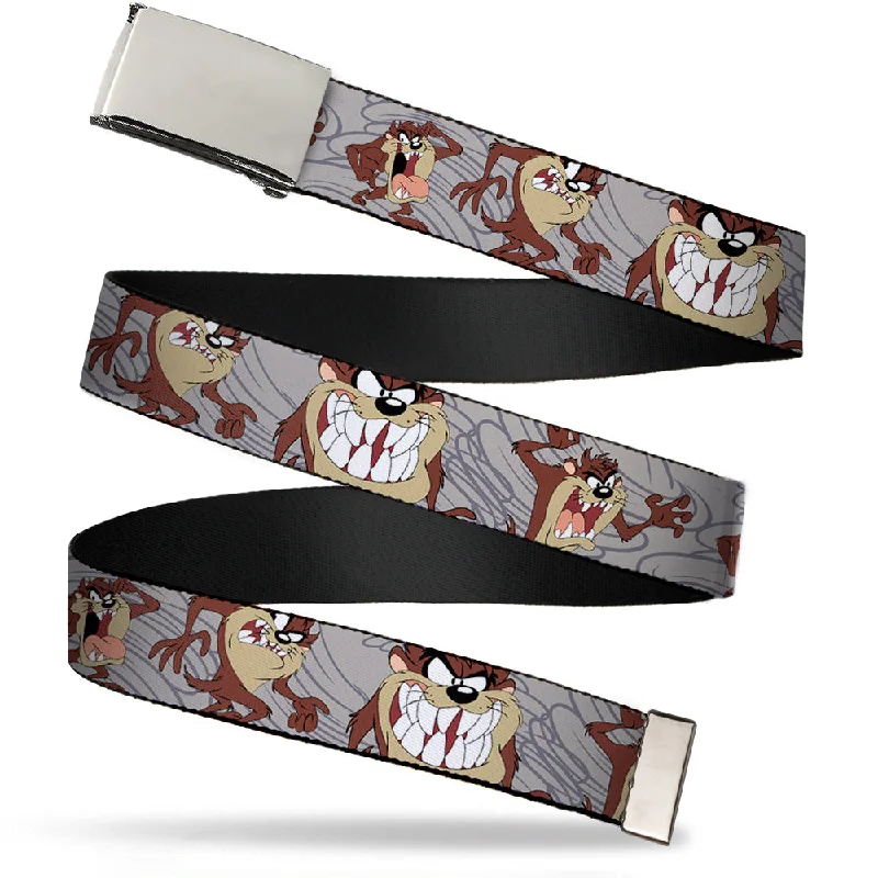 Chrome Buckle Web Belt - Tasmanian Devil Expressions Gray Swirl Webbing