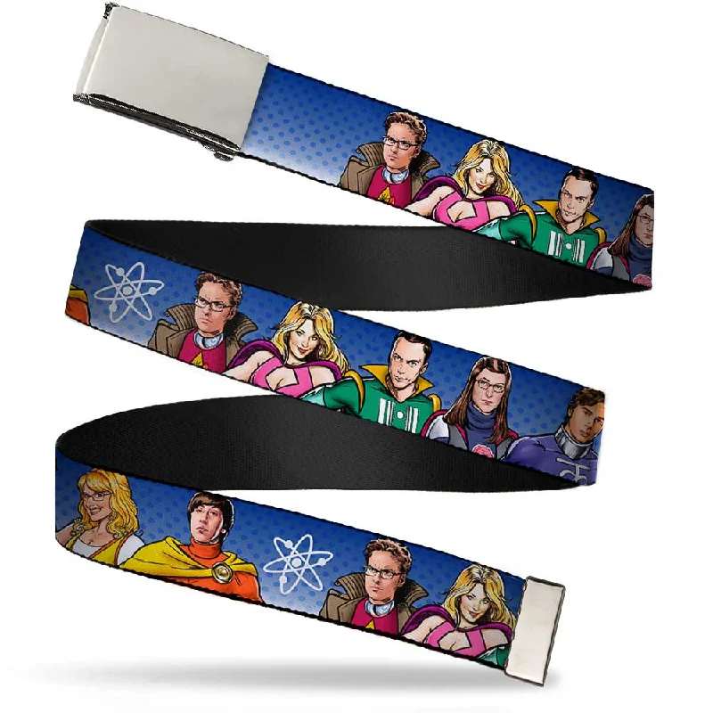 Chrome Buckle Web Belt - The Big Bang Theory Superhero Characters Group Blue Dot Fade Webbing