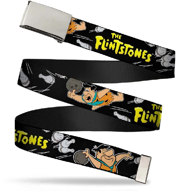 Chrome Buckle Web Belt - THE FLINTSTONES Fred Bowling Poses/Bowling Pins Black Webbing