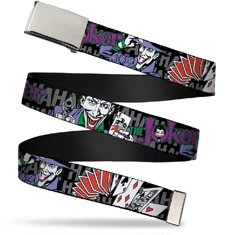 Chrome Buckle Web Belt - The Joker Pose/Cards/HAHAHAHA Black/Gray Webbing