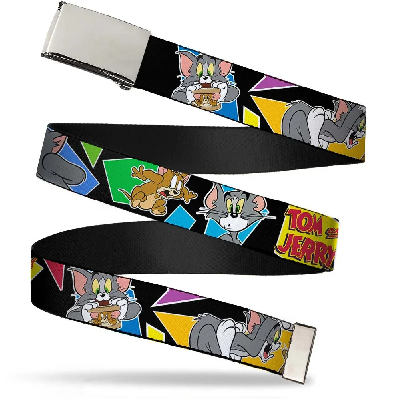 Chrome Buckle Web Belt - TOM & JERRY Poses Black/Multi Color Webbing