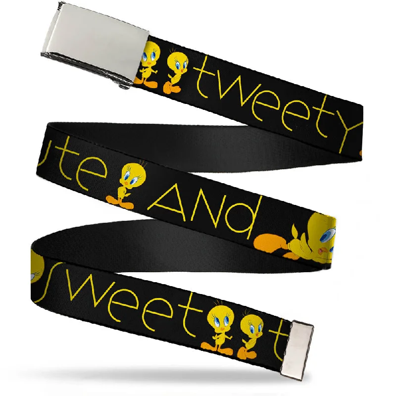 Chrome Buckle Web Belt - Tweety Bird Poses CUTE AND SWEET Black/Yellow Webbing