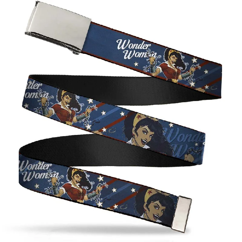 Chrome Buckle Web Belt - WONDER WOMAN/Bombshell Pose Blue/Red/White Webbing