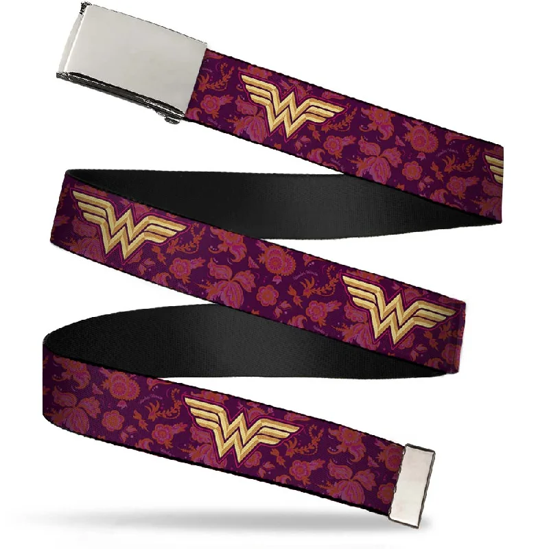 Chrome Buckle Web Belt - Wonder Woman Logo/Floral Collage Purple/Pinks/Gold Webbing