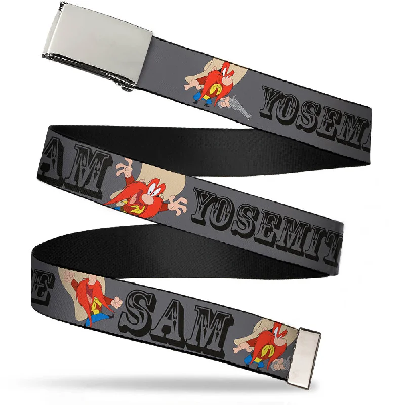 Chrome Buckle Web Belt - YOSEMITE SAM w/Poses Gray Webbing