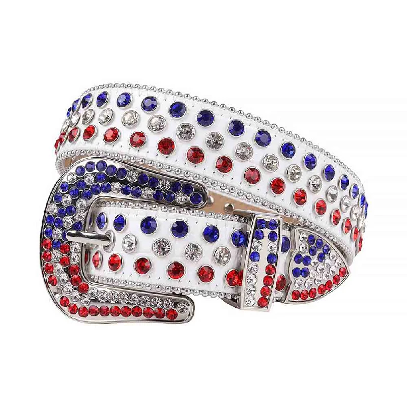 Rhinestones Leather Belt White With White And Red Blue Stones