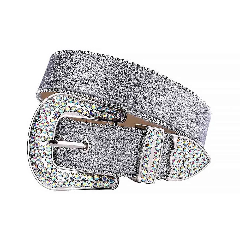 Rhinestones Leather Belt Silver Glitter With Multi Stones