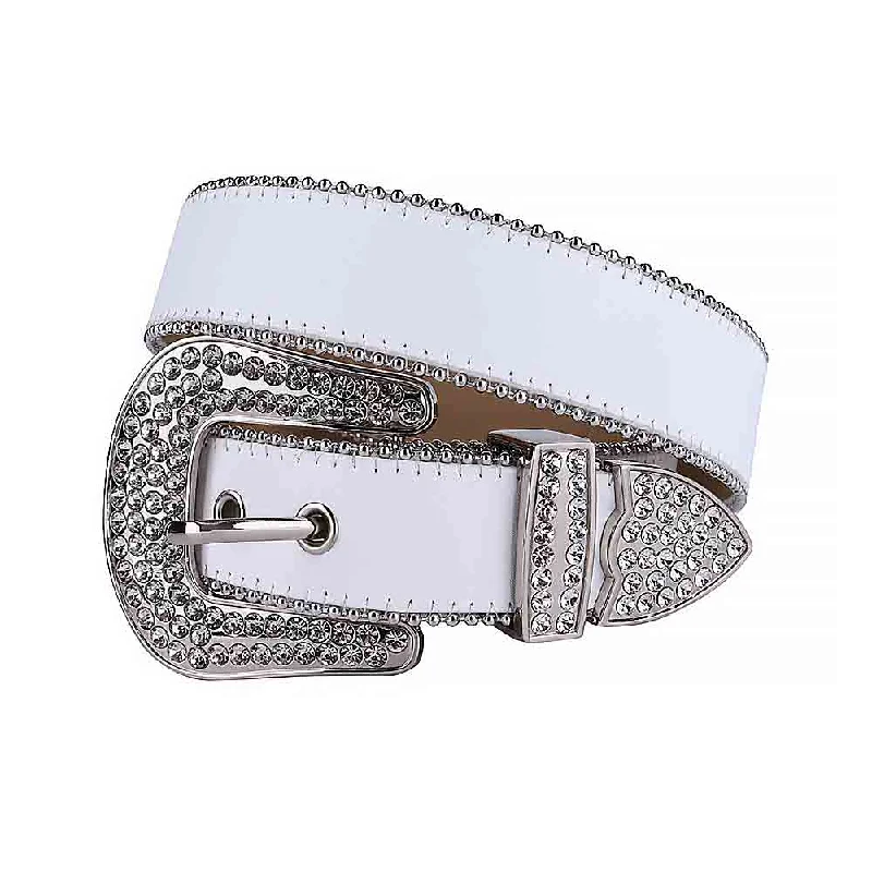 Rhinestones Leather Belt White Leather With White Stones