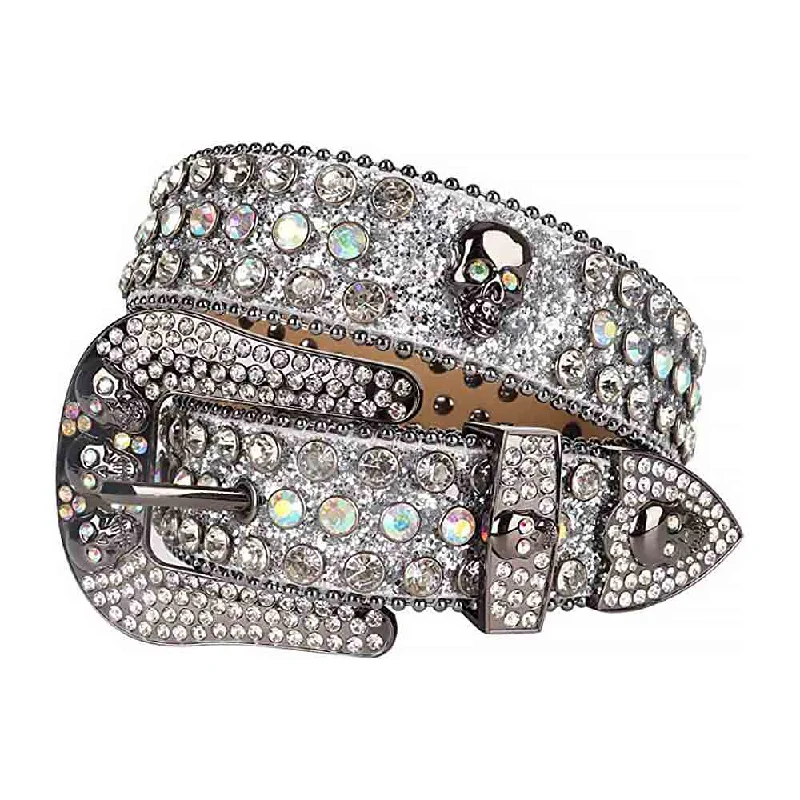 Rhinestones Glitter White Leather Belts Skull Buckle With White Multi Color Stones