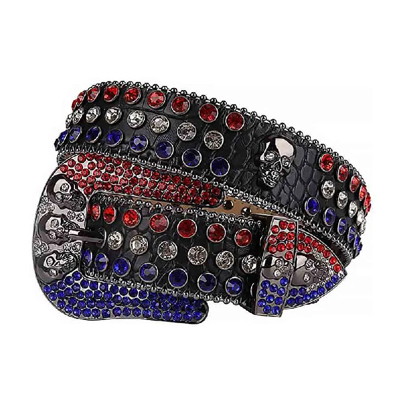 Rhinestones Leather Belts Black Skull With Red White And Blue Stones