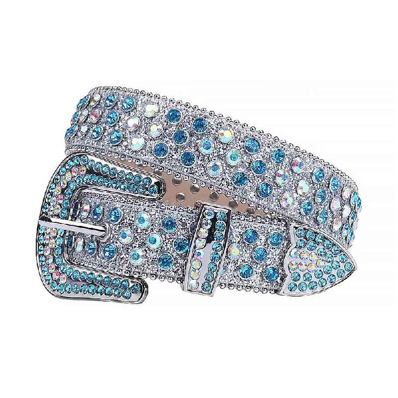 Rhinestones Leather Belts Silver Glitter With Multi And Blue Stones