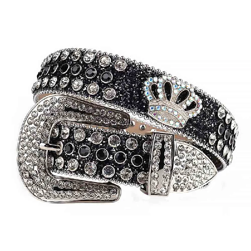 Sm  Rhinestones Black Leather Strap Belts Crystal White And Black Stones With Crown