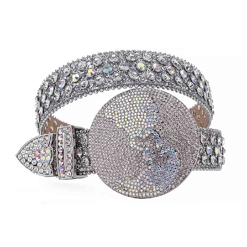 Globe Style World Buckle Silver White Strap With White & Multi Studded Rhinestone Belt