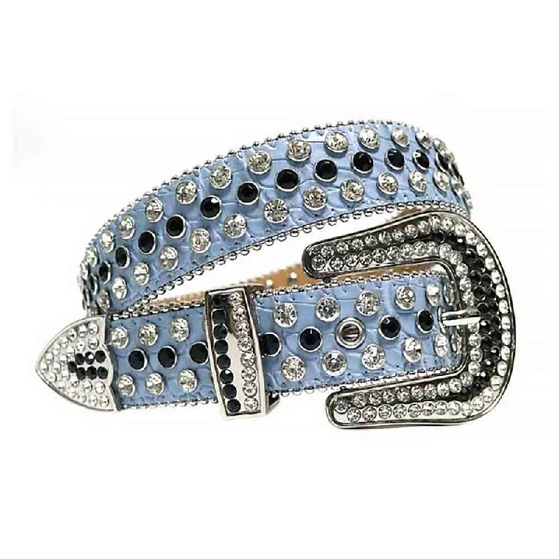 Rhinestones Leather Belt   light Blue with White and Black