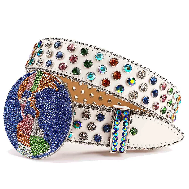 Globe Metal Buckle White Rhinestones Diamond Leather Belt Earth World