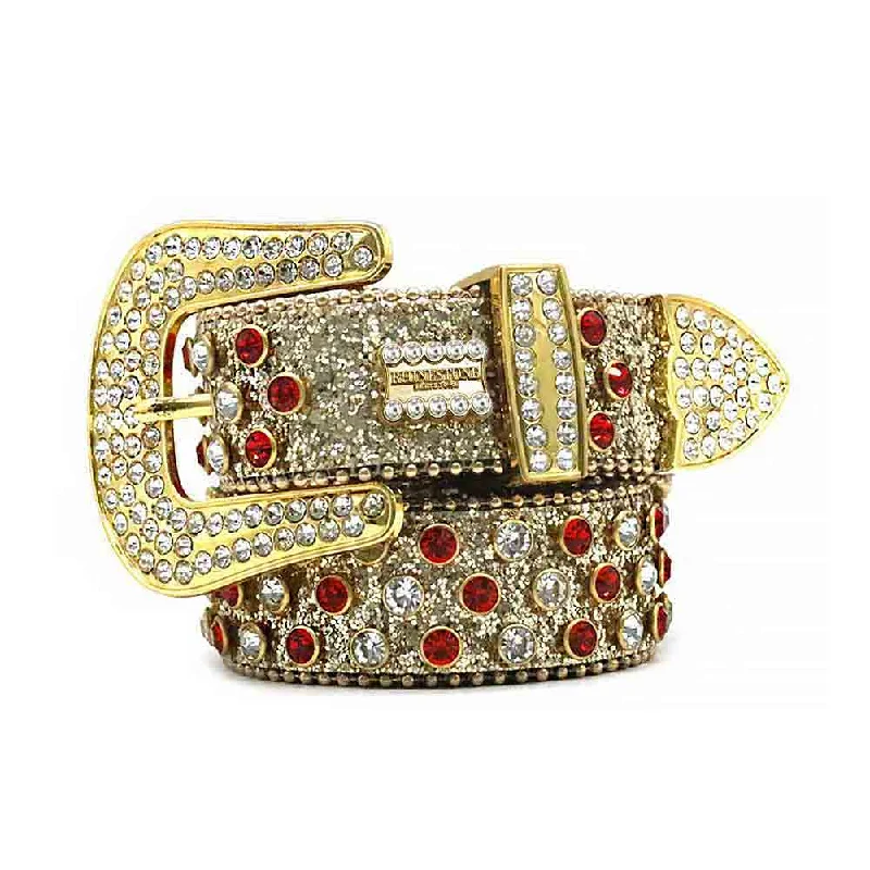 Gold Shiny Strap With Silver & Red Studded Rhinestone Belt