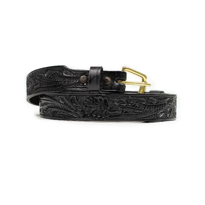 Hand-tooled leather belt in black